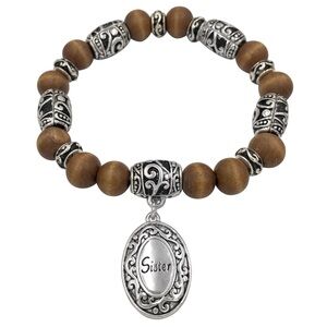 Silver Tone and Brown Wood Bead Sister Charm Stretch Bracelet